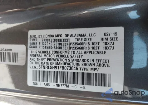 2015 Honda Odyssey Touring/Touring Elite z USA, uszkodzony, nr VIN 5FNRL5H91FB073046